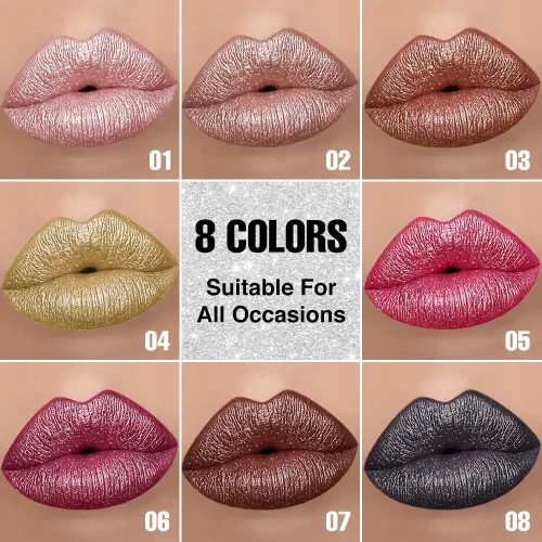 Vista 4 de evpct Combo de delineador de labios metálico rosa brillante y lápiz labial, lápiz labial con punta de cono para mujer, de larga duración 1 pieza -01