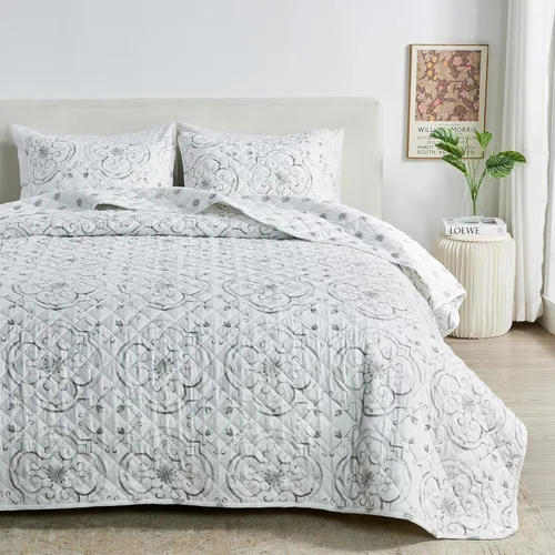 Vista 15 de Great Bay Home Marianne Collection - Juego de edredón de 3 piezas con fundas de almohada. Colcha reversible con diseño floral. Lavable a máquina.