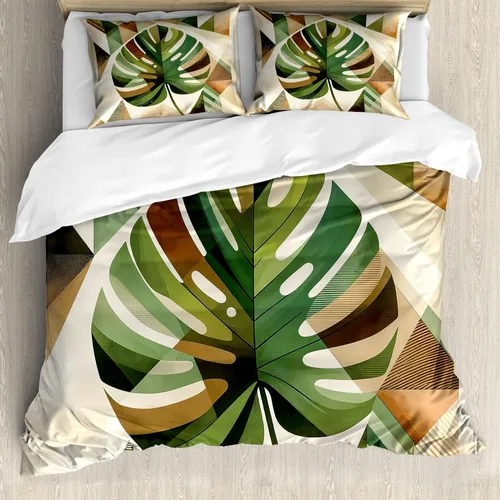 Vista 51 de Ambesonne Monstera - Juego de funda de edredón, estilo escandinavo bohemio, estampado triangular poligonal geométrico, juego de ropa de cama
