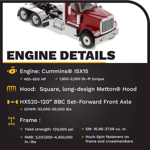 Vista 2 de Diecast Masters Tractor tándem de cabina de día internacional HX520 SFFA escala 1:50 Serie de transporte Modelo rojo 71002