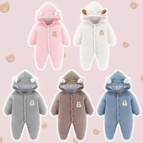 Vista 5 de XIFAMNIY Mono de forro polar para recién nacido con capucha cálido grueso para invierno para bebés y niñas