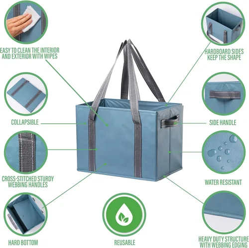 Vista 6 de VENO Paquete de 2 bolsas reutilizables de 8 galones, bolsas de compras extra grandes para comestibles, bolsa utilitaria con asas y parte inferior