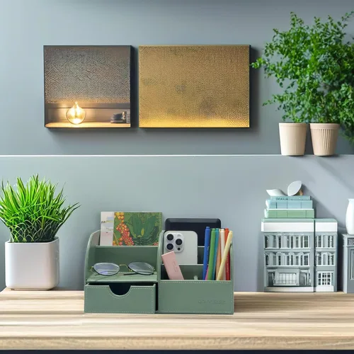 Vista 34 de UnionBasic Organizador de escritorio - Caja de almacenamiento multifuncional de cuero para escritorio con soporte para bolígrafos - Para tarjetas