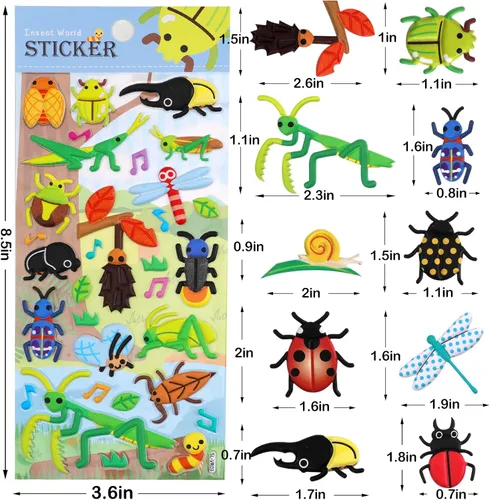 Vista 2 de Calcomanías de Insectos Infladas para Niños Pequeños, Calcomanías de Espuma 3D de Bichos con Mariquita, Mariposa, Mantis Religiosa, Oruga, Libélula
