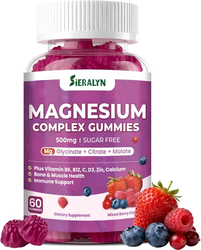 Gomitas de complejo de magnesio de 500 mg – Glicinato de magnesio, citrato, malato con vitamina D3, C, B6, B12, zinc y calcio, suplemento masticable
