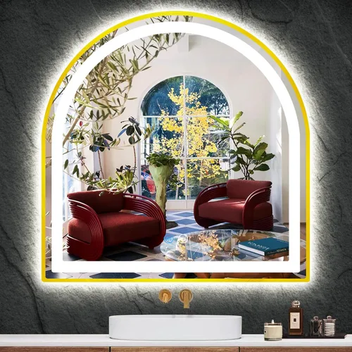 Vista 8 de Espejo LED de arco dorado de 16 x 24 pulgadas para baño, pared, maquillaje, mesa, escritorio, espejo de tocador dorado con luces, memoria