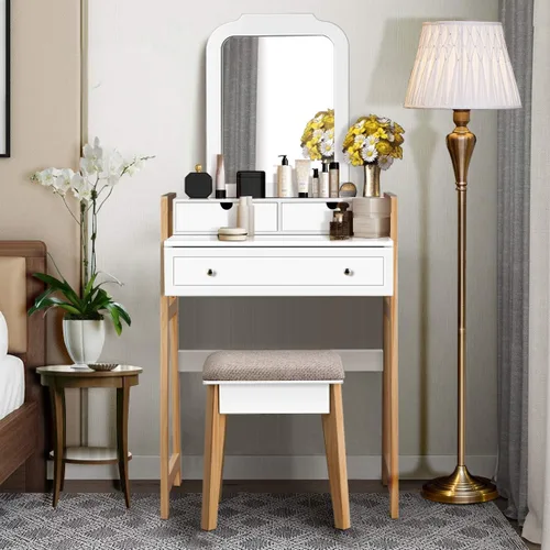 Vista 9 de CHARMAID Escritorio pequeño con espejo, escritorio de maquillaje blanco con 3 cajones, alturas ajustables, tocador compacto para dormitorio
