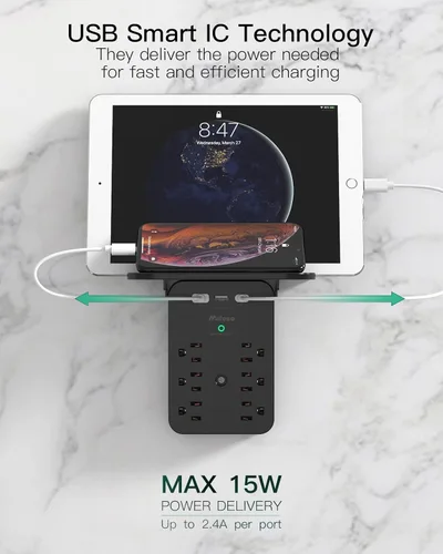 Vista 4 de Extensor de toma de corriente – Protector de sobretensiones de 6 salidas de CA con estante, 2 puertos de carga USB y USB C, expansor de enchufe