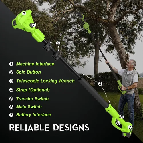 Vista 5 de Sierra de poste eléctrica 2 en 1 sin escobillas de batería de 21 V inalámbrica con poste giratorio de 15 pies de alcance máximo, correa de hombro