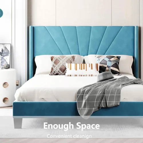 Vista 17 de Base de cama de plataforma tamaño Queen con cabecera tapizada de terciopelo y soporte de listones de madera, cama y cabecera tamaño Queen, no Beige