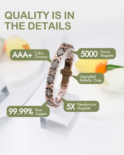 Vista 4 de Pulseras de cobre puro Feraco para mujer, pulsera magnética 5X de ultra resistencia con imanes de neodimio de 5000 gauss y cierre de mariposa