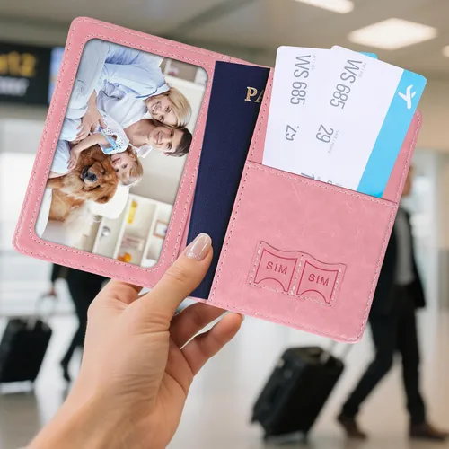 Vista 3 de Soporte para pasaporte para viajes, funda de pasaporte con bloqueo RFID con soporte para bolígrafo, funda de cuero para pasaporte, accesorios