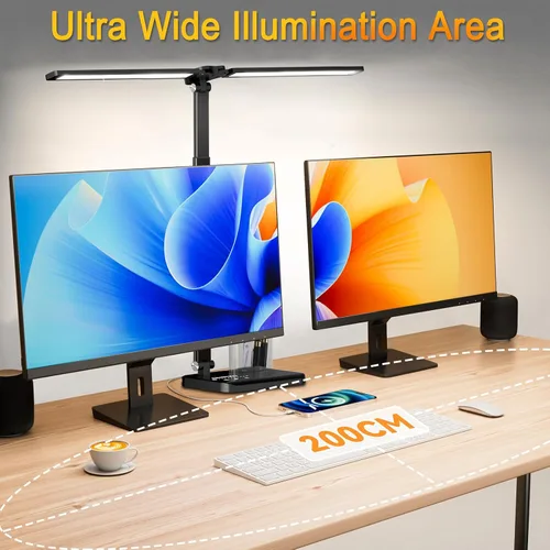 Vista 2 de Lámpara de escritorio LED retráctil regulable con puerto de carga USB, 50 modos de iluminación, brazo doble oscilante, arquitecto, lámpara de mesa