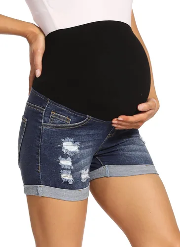 Vista 2 de Foucome Pantalones cortos de mezclilla de maternidad con dobladillo 135 azul oscuro