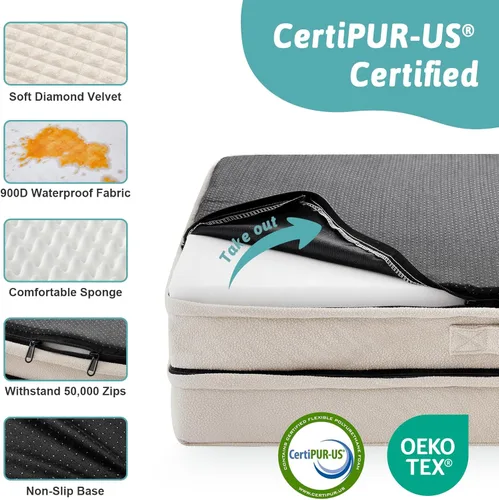 Vista 7 de COZY KISS Cama ortopédica para perros pequeños y medianos, sofá para mascotas con forro impermeable, sofá de espuma para mascotas de hasta 30 Beige