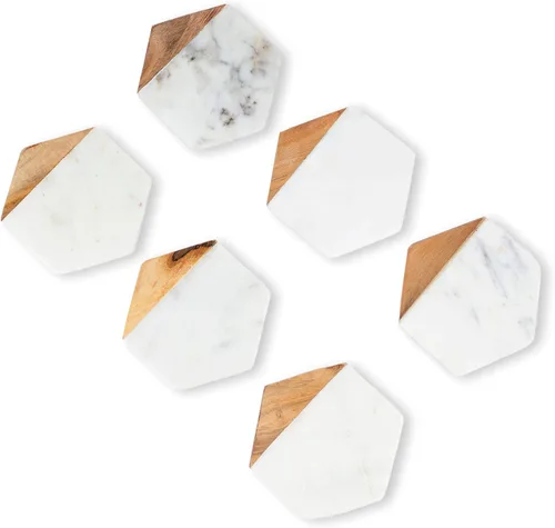 Vista 5 de GoCraft Posavasos de madera de mármol y mango – Juego de 4 posavasos geométricos hechos a mano de mármol blanco para bebidas, copas de vino