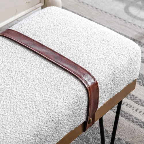 Vista 13 de DUOMAY Banco otomano rectangular de lino moderno industrial con correa de poliuretano y patas de metal, mesa de comedor de mediados de siglo, Beige