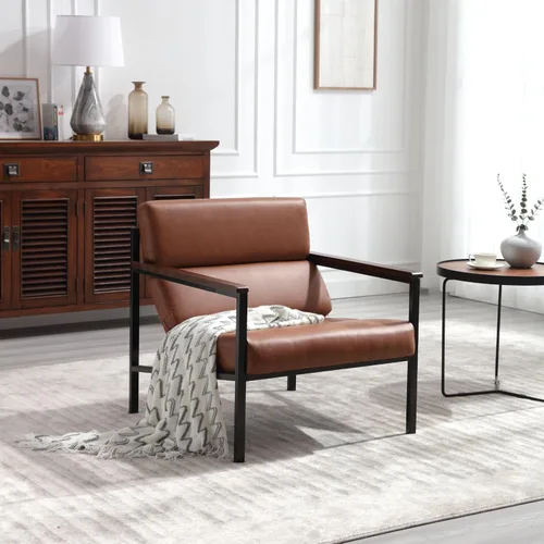 Vista 2 de Juego de 2 sillas decorativas de cuero marrón, modernas sillas con brazo con marco de metal, silla lateral tapizada, cómoda silla de estar para sala