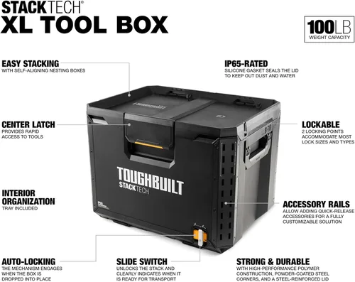 Vista 2 de ToughBuilt StackTech XL Organizador de caja de herramientas con cerradura y bandeja extraíble, negro