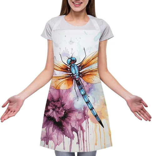 Vista 3 de Personalized Dragonfly Watercolor Painting Adult Apron, Kitchen Cooking Aprons for Woman Man, Adjustable Bib Apron with Pocket for Baking, BBQ