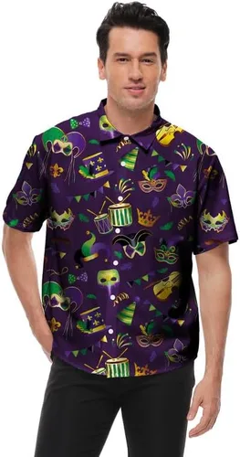 Vista 2 de Camisa de Mardi Gras para hombre, día de San Patricio, día de San Valentín, manga corta, con botones, hawaiana