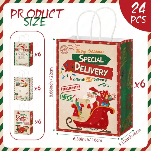 Vista 2 de Zonon 24 bolsas de papel de estraza de papel de estraza para Navidad, bolsas de papel de Navidad rojas y verdes con asas, regalo de caramelos