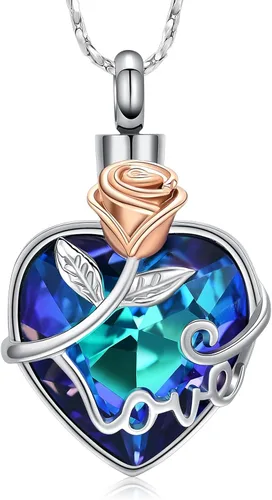 Vista 8 de Collar de urna de cremación de rosas para cenizas, joyería de cremación con dije de urna de cristal de corazón, joyería conmemorativa de recuerdo