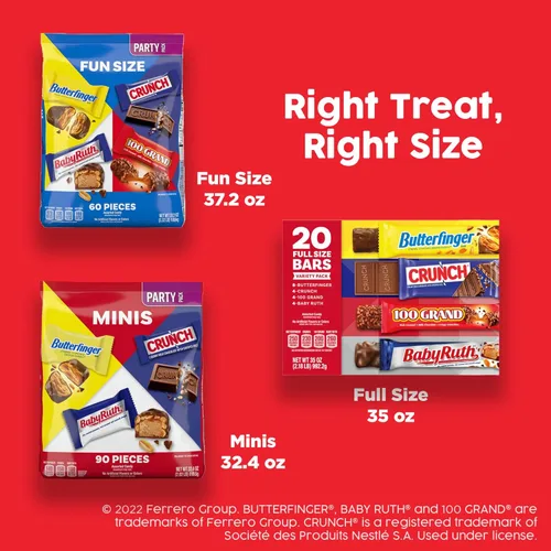 Vista 9 de Butterfinger, CRUNCH, Baby Ruth, 100 barras de caramelo surtidas, ideales para compartir, paquete de 80 unidades a granel, 32.1 onzas
