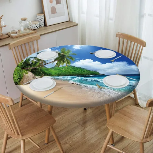Vista 71 de Cubierta redonda con diseño de playa, borde elástico, picnic al aire libre, patio, fiesta o comedor interior, decoración de mesas de comedor, azul