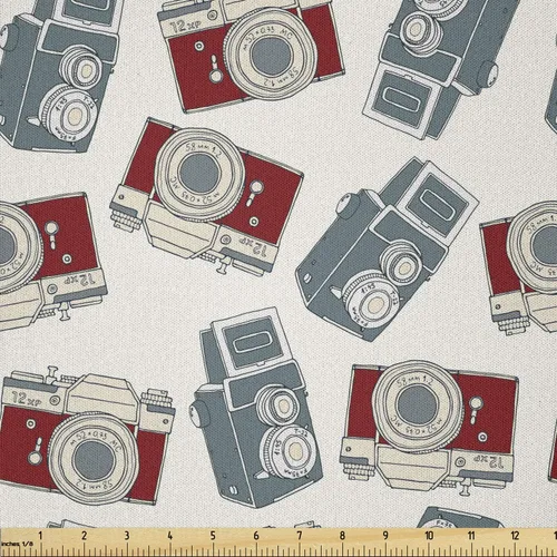 Lunarable Retro Fabric by The Yard, Vintage Cameras Illustration Hipster Photo Antique Oldie Equipment Theme, Microfiber Fabric for Arts and Crafts