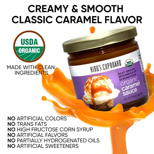 Vista 3 de King's Cupboard Salsa de caramelo orgánica: la salsa perfecta para helado, salsa de frutas, cobertura de postres, llovizna de caramelo para café