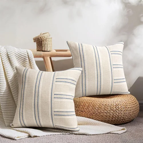 Vista 5 de AELS juego de 2 fundas de cojín decorativas de 18 x 18 pulgadas estilo granja, funda de almohada con textura boho, beige con parche de rayas blanco
