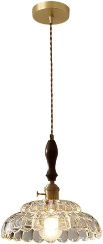 Modern Full Copper Pendant Lights, Mid Century Clear Glass Shade Ceiling Hanging Lighting, Vintage Walnut Chandelier for Hallway Kitchen Island