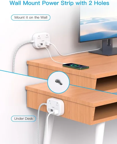 Vista 6 de One Beat Cruise Ship Essentials, regleta de alimentación de viaje con USB C, cable de extensión de enchufe plano con 3 tomas, 4 puertos USB