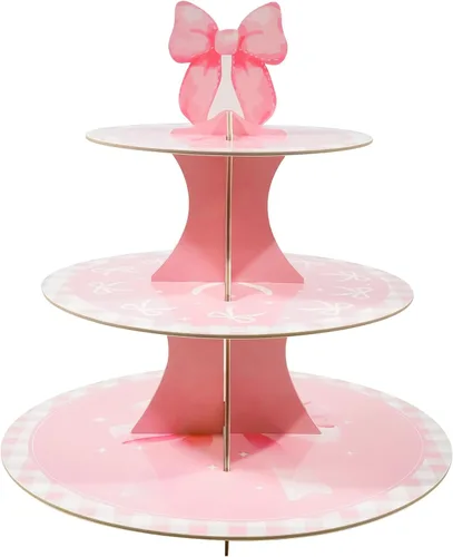 Soporte redondo de 3 niveles para cupcakes con diseño de lazo rosa, capacidad para 8-12 cupcakes, impermeable y reutilizable, fácil de montar, ideal
