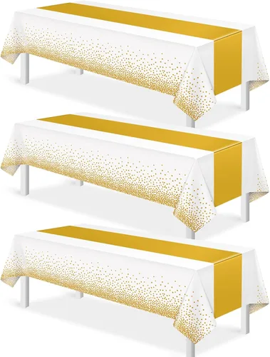 Vista 11 de 3 piezas de mantel y camino de mesa blanco y dorado para decoración de fiesta, mantel de plástico blanco con estampado dorado, camino de mesa Oro
