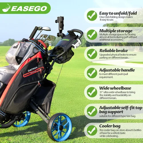 Vista 4 de EASEGO Carrito de golf con 3 ruedas: carrito plegable para bolsa de golf con soporte para teléfono/taza/paraguas, carritos de golf compactos