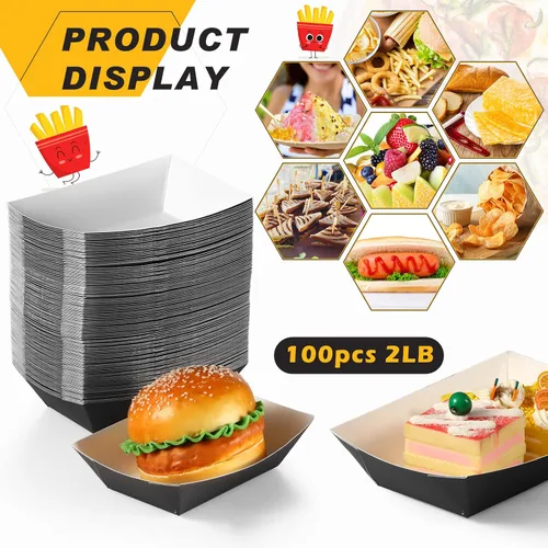 Vista 3 de Yinkin 100 bandejas de papel para alimentos, barco, Navidad, 2 libras, bandejas desechables para nachos, bote de papel kraft para tacos, concesión