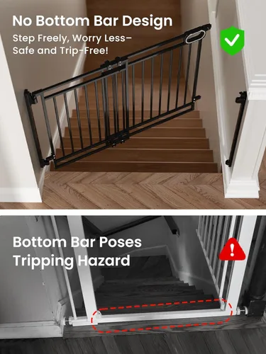 Vista 2 de Grownsy Puerta de bebé sin barra inferior para escaleras, ancho ajustable de 32" a 48" para niños y mascotas, puerta para perros con cierre