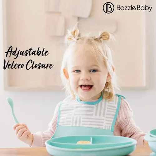 Vista 3 de Baberos de silicona para bebés con recogedor de alimentos, impermeables, enrollables y botones. Babero de silicona extra grueso para niños pequeños