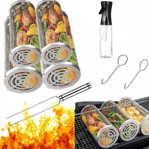 Vista 2 de Cesta de parrilla con mango extraíble para picnic al aire libre, parrilla de barbacoa, barbacoa, barbacoa, parrilla, cilíndrica de malla de acero
