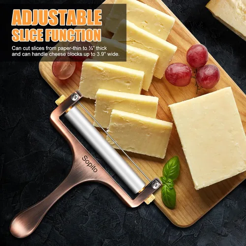 Vista 6 de Cortador de queso Sopito de acero inoxidable con 3 cables extra ideal para queso cheddar, gruyere, raclette, bloque de queso mozzarella, grosor Cobre