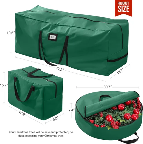 Vista 3 de Paquete de 3 bolsas de almacenamiento para árbol de Navidad, para árboles artificiales de hasta 7.5 pies, duraderas e impermeables con asas de Verde
