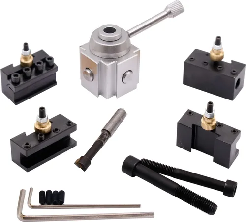 Vista 3 de Paquete de herramientas Mini Torno Cambio Rápido Herramienta Poste y Soportes Multifid Portaherramientas Acero de alta densidad para ranurado Corte