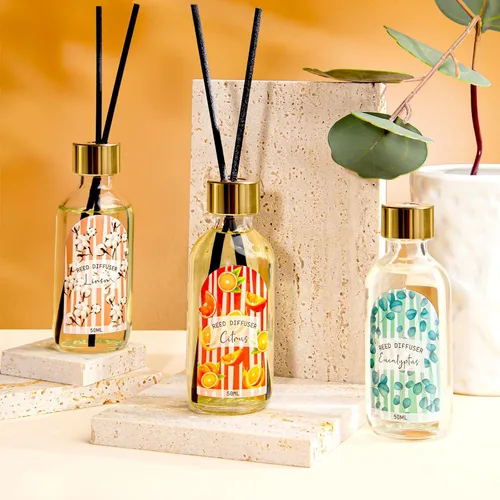 Vista 7 de Juego de 3 difusores de varillas de aceite aromático de eucalipto y cítricos de lino para el hogar, baño, decoración de oficina, difusor