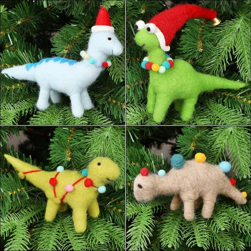 Juegoal Juego de 4 adornos de dinosaurio de fieltro de Navidad, decoración colgante de lana de Navidad, manualidades de animales, decoración de