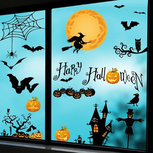 Vista 2 de Calcomanías extraíbles para ventana de Halloween, diseño de murciélago y calabaza, calcomanías de bruja para aulas, decoración de ventanas