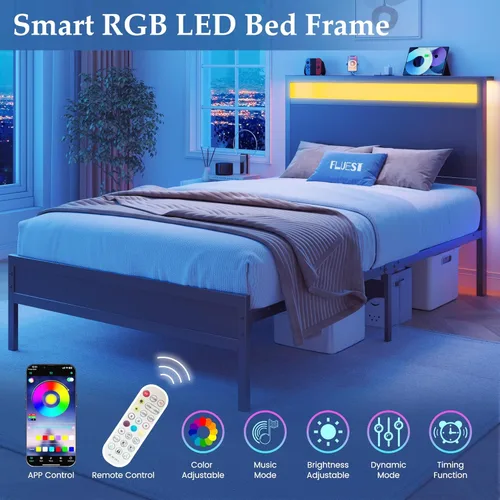Vista 4 de Fluest Base de cama individual con cabecero y estribo, marco de cama individual con estación de carga y luz LED, almacenamiento debajo de la cama