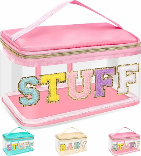 Vista 13 de izuzta Bolsas de maquillaje transparentes con letras de chenilla, bolsa de maquillaje de parche preppy con asa Rostro rosa y pelo-verde