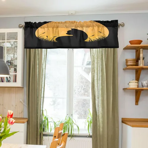 Vista 5 de YETTASBIN Cortina de cocina de Halloween con diseño de gato para ventanas, 1 panel, semitransparente corta con bolsillo para barra, cenefas